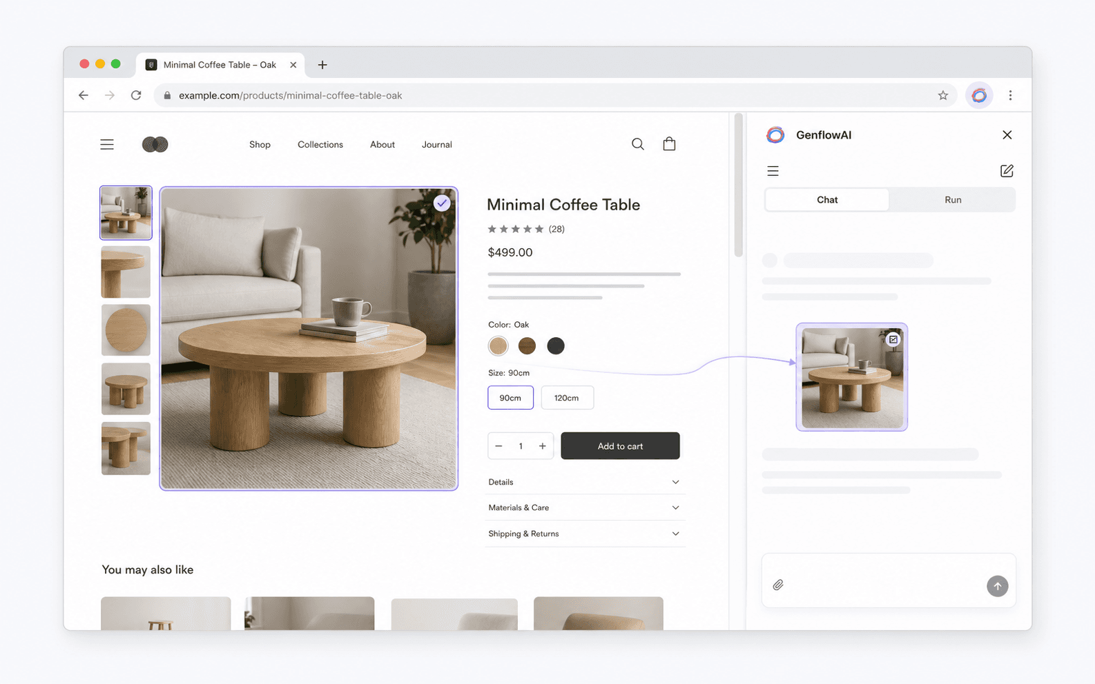 A product page with an image selected and attached to the GenflowAI Chrome side panel