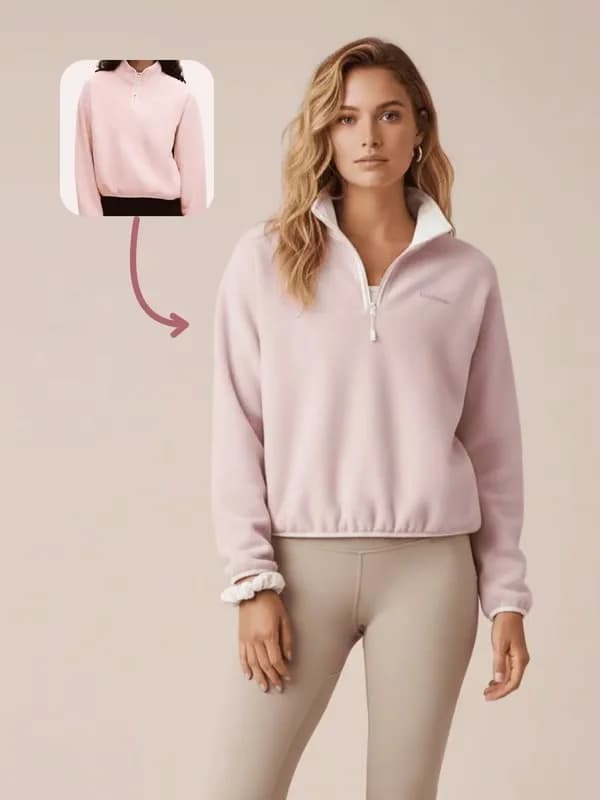 Pink sweatshirt transferred onto an ecommerce model